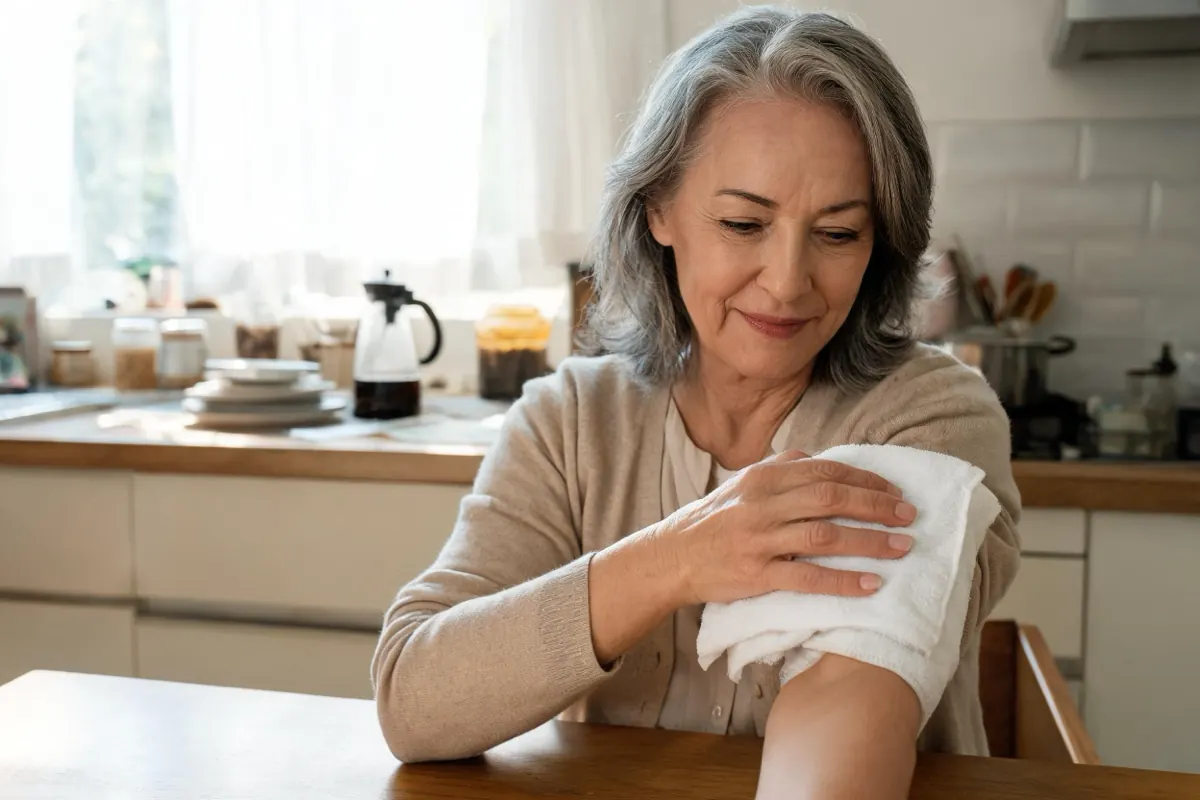 Woman in her late sixties holding a cold compress wrapped in a towel against her forearm at a kitchen table