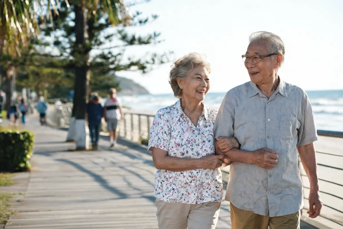 Older couple walking outdoors in light long-sleeved clothing
