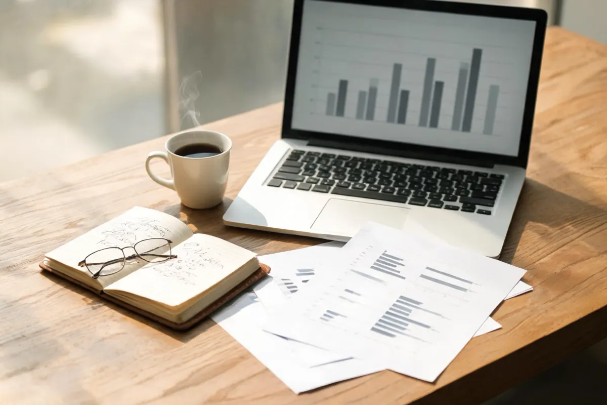 Desk with printed bar charts, a notebook, reading glasses and a laptop showing a chart