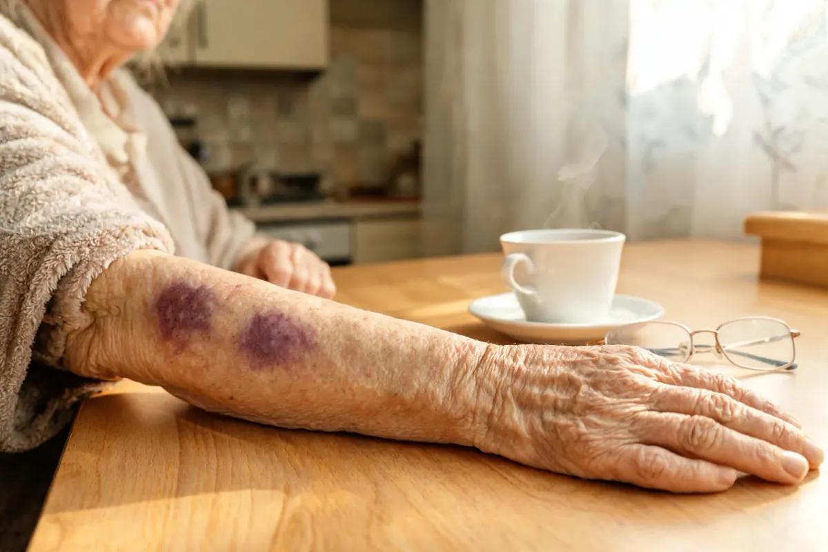 Forearm of a woman in her seventies with two flat purple bruises, resting on a kitchen table next to a cup of tea