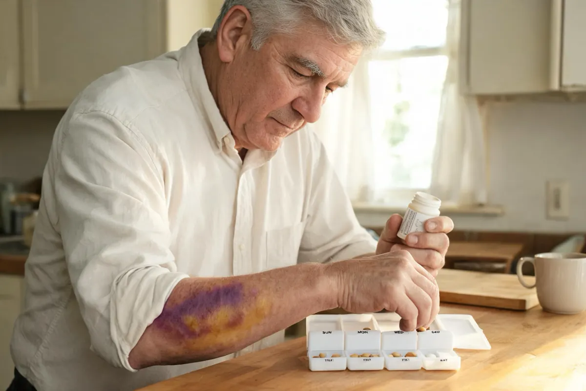 Man in his seventies sorting tablets into a weekly pill organizer, with a fading bruise on his forearm